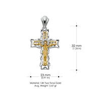 14K Gold CZ Crucifix Pendant with 1.5mm Flat Open Wheat Chain