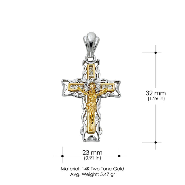 14K Gold CZ Crucifix Charm Pendant with 1.4mm Round Wheat Chain Necklace