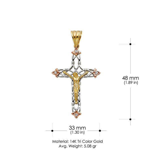 14K Gold CZ Crucifix Charm Pendant with 1.4mm Round Wheat Chain Necklace