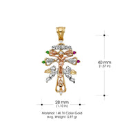 14K Gold CZ Cross of Caravaca Charm Pendant with 1.4mm Round Wheat Chain Necklace