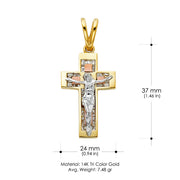 14K Gold CZ Crucifix Charm Pendant with 1.4mm Round Wheat Chain Necklace