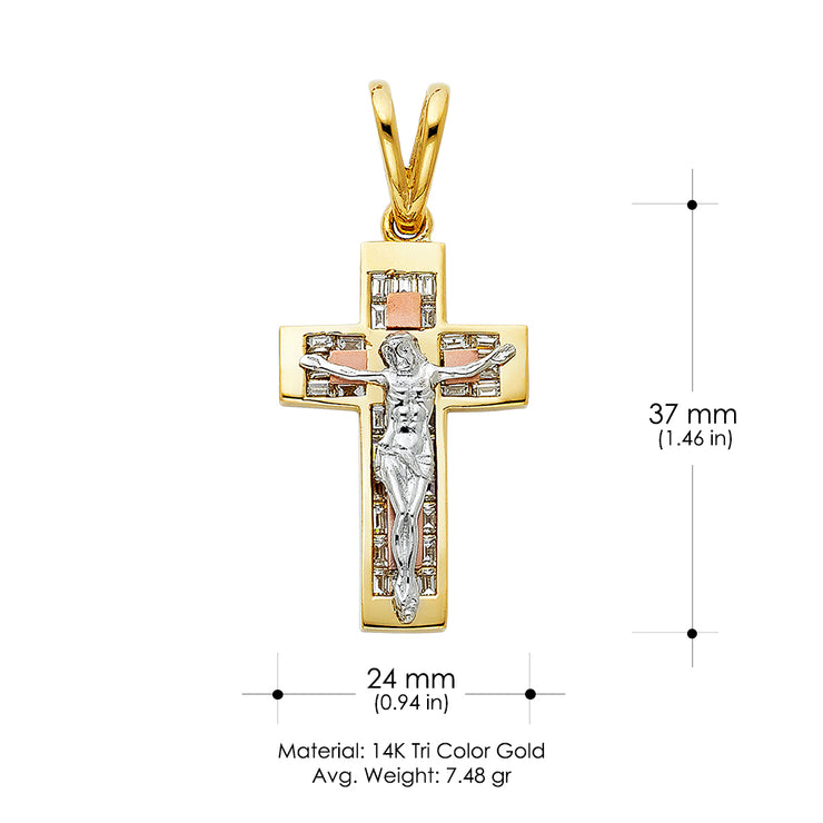 14K Gold CZ Crucifix Charm Pendant with 1.4mm Round Wheat Chain Necklace