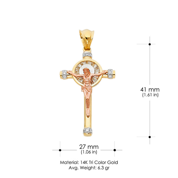 14K Gold CZ Crucifix Charm Pendant with 1.4mm Round Wheat Chain Necklace