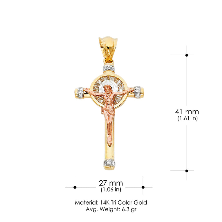 14K Gold CZ Crucifix Charm Pendant with 1.4mm Round Wheat Chain Necklace