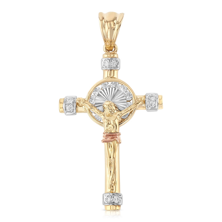 14K Gold CZ Crucifix Charm Pendant with 1.4mm Round Wheat Chain Necklace