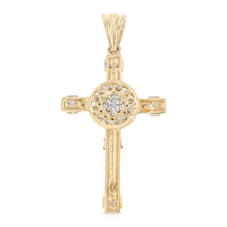 14K Gold CZ Crucifix Charm Pendant with 1.4mm Round Wheat Chain Necklace