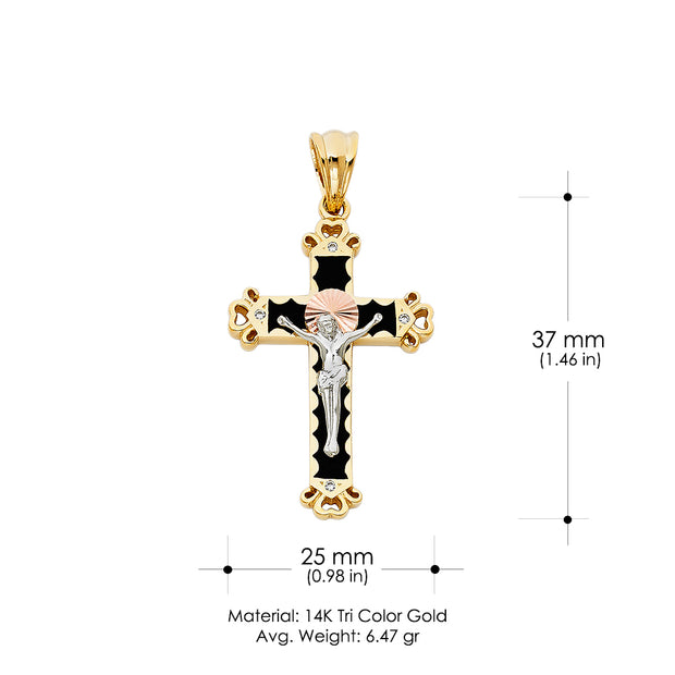 14K Gold CZ Crucifix Charm Pendant with 1.4mm Round Wheat Chain Necklace