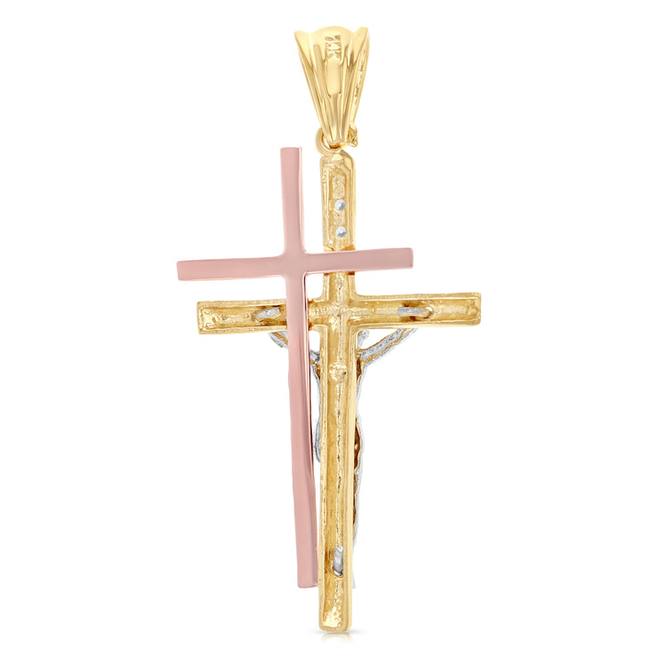 14K Gold Crucifix Charm Pendant with 1.4mm Round Wheat Chain Necklace