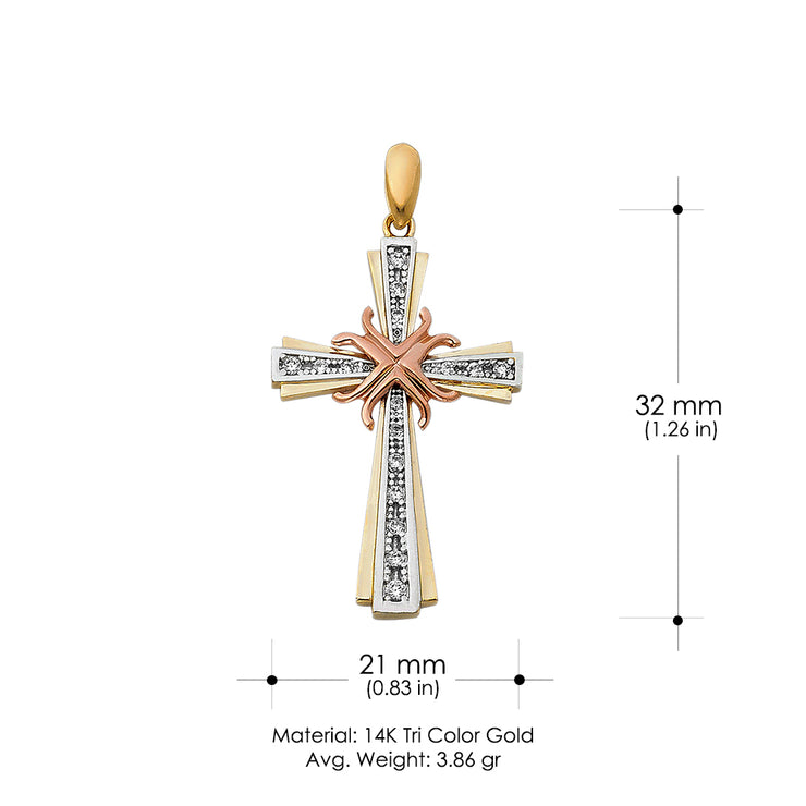 14K Gold CZ Cross Pendant with 3.1mm Figaro 3+1 Chain