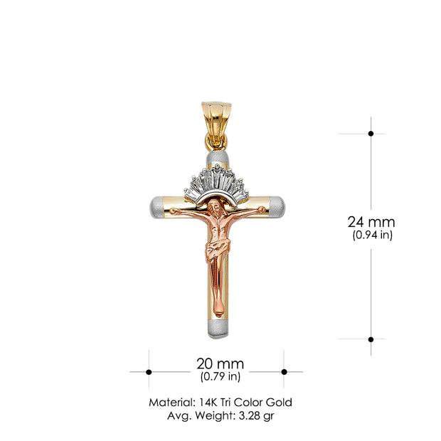 14K Gold CZ Crucifix Charm Pendant with 1.1mm Wheat Chain Necklace