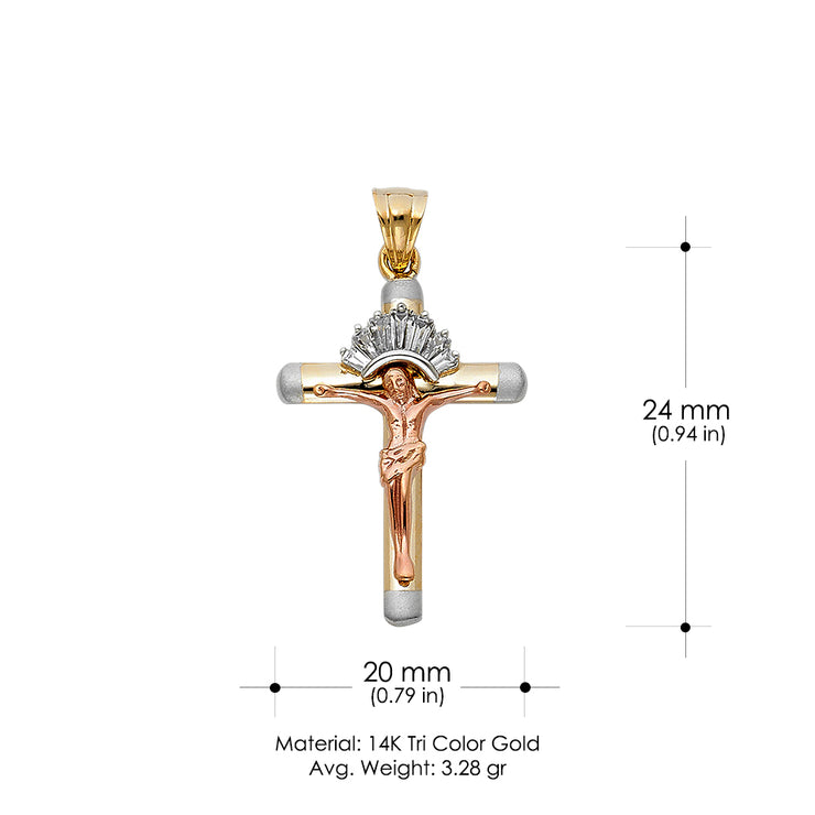 14K Gold CZ Crucifix Pendant with 3.4mm Hollow Cuban Chain