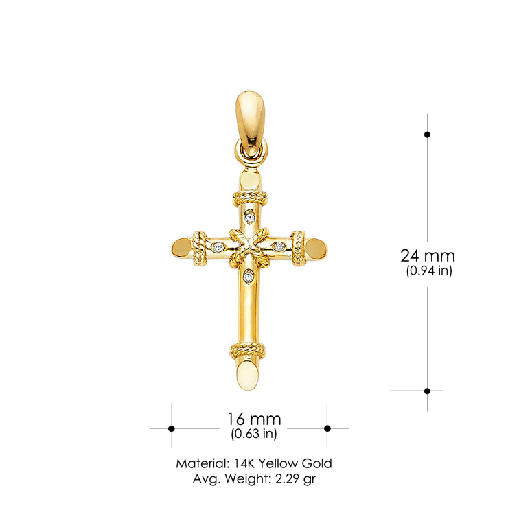 14K Gold Cross Charm Pendant with 1.5mm Flat Open Wheat Chain Necklace