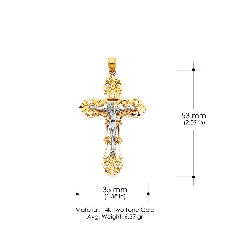 14K Gold Crucifix Charm Pendant with 3.8mm Figaro 3+1 Chain Necklace