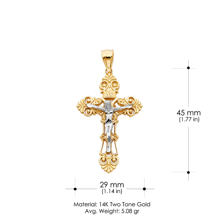 14K Gold Crucifix Charm Pendant with 2mm Flat Open Wheat Chain Necklace