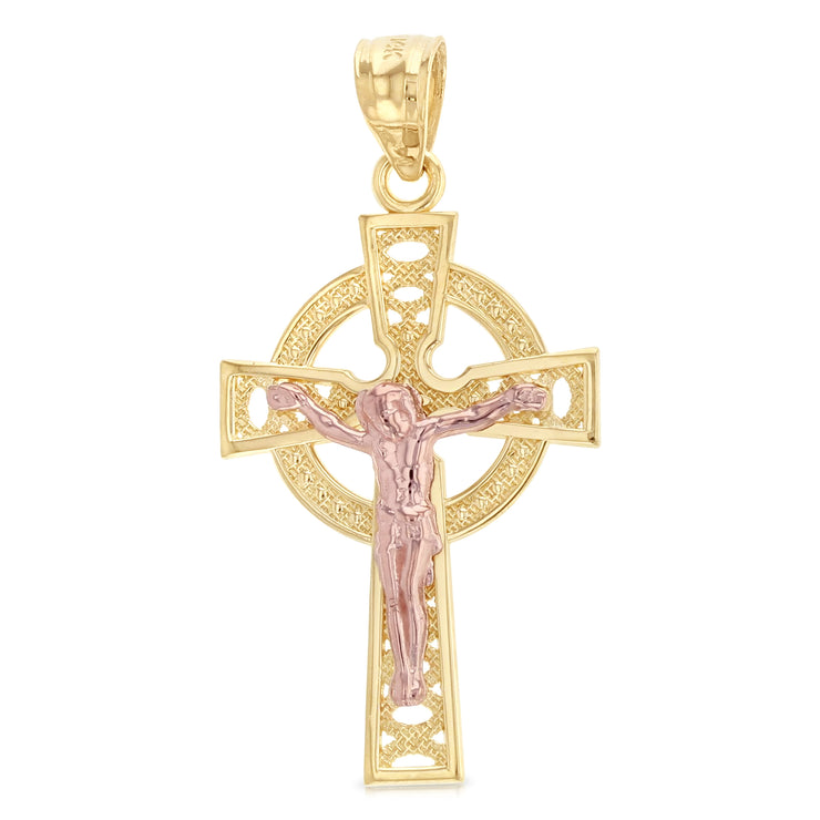 14K Gold Crucifix Charm Pendant with 3.1mm Figaro 3+1 Chain Necklace