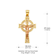 14K Gold Crucifix Charm Pendant with 1.7mm Flat Open Wheat Chain Necklace