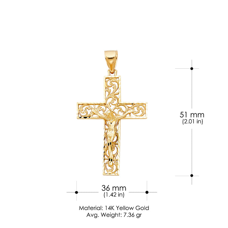 14K Gold Crucifix Charm Pendant with 2mm Flat Open Wheat Chain Necklace