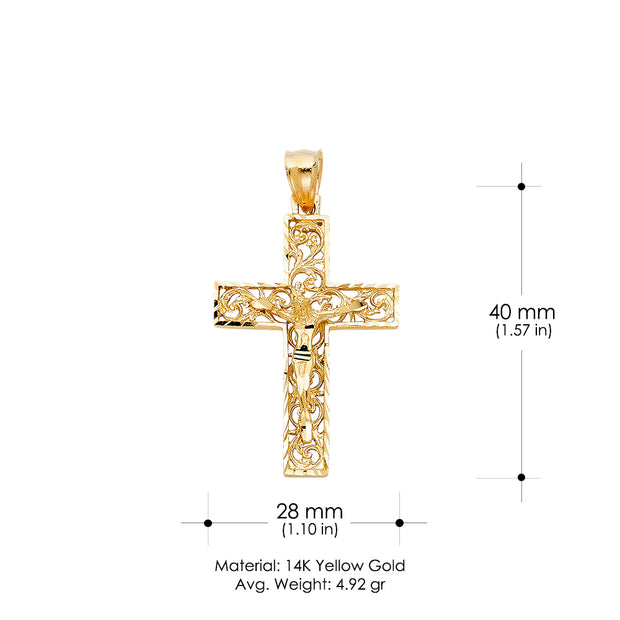 14K Gold Crucifix Charm Pendant with 3.1mm Figaro 3+1 Chain Necklace