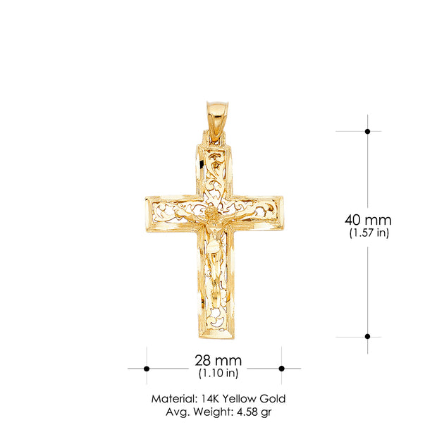 14K Gold Crucifix Charm Pendant with 3.1mm Figaro 3+1 Chain Necklace