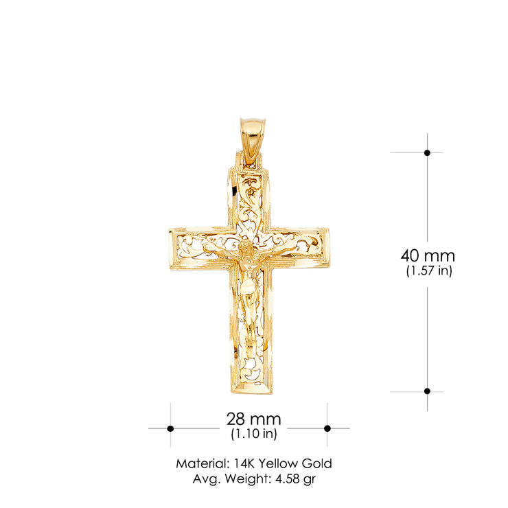 14K Gold Crucifix Charm Pendant with 2mm Flat Open Wheat Chain Necklace