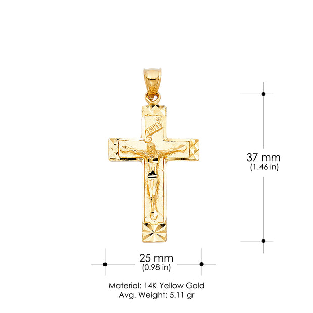 14K Gold Crucifix Charm Pendant with 1.4mm Round Wheat Chain Necklace