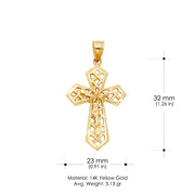 14K Gold Crucifix Charm Pendant with 1.4mm Round Wheat Chain Necklace