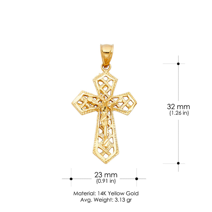 14K Gold Crucifix Charm Pendant with 1.4mm Round Wheat Chain Necklace