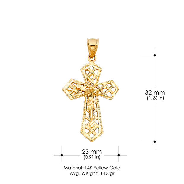 14K Gold Crucifix Charm Pendant with 2mm Flat Open Wheat Chain Necklace