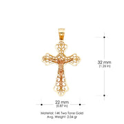 14K Gold Crucifix Charm Pendant with 1.7mm Flat Open Wheat Chain Necklace