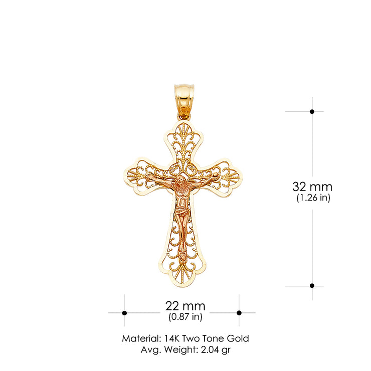 14K Gold Crucifix Charm Pendant with 3.1mm Figaro 3+1 Chain Necklace