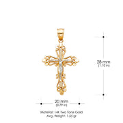 14K Gold Crucifix Charm Pendant with 1.7mm Flat Open Wheat Chain Necklace