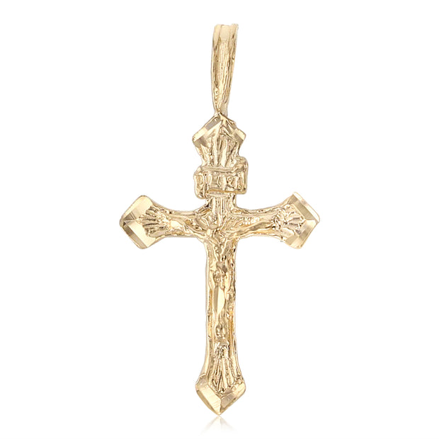 14K Gold Crucifix Charm Pendant with 1.5mm Flat Open Wheat Chain Necklace