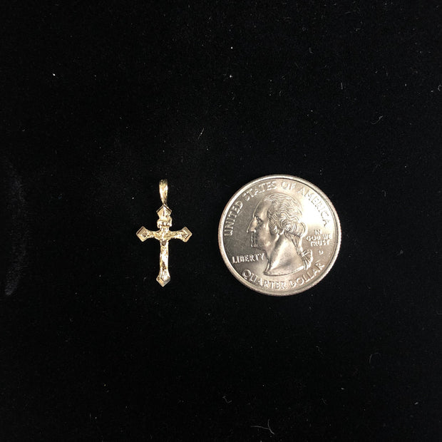 14K Gold Crucifix Charm Pendant with 1.5mm Flat Open Wheat Chain Necklace