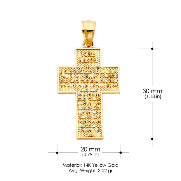 14K Gold Padre Nuestro Cross Charm Pendant with 1.8mm Singapore Chain Necklace