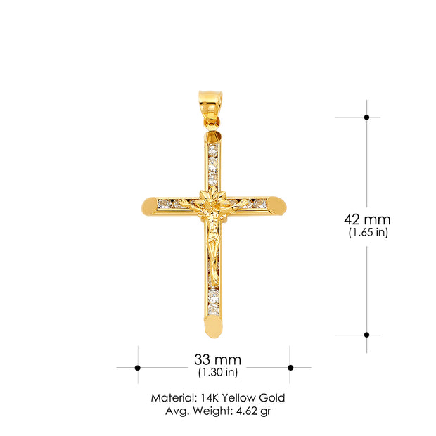 14K Gold CZ Crucifix Charm Pendant with 1.7mm Flat Open Wheat Chain Necklace