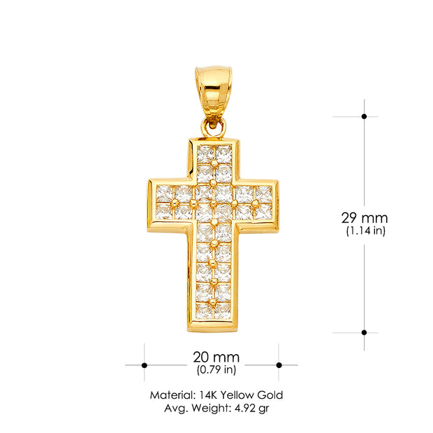 14K Gold CZ Cross Charm Pendant with 1.7mm Flat Open Wheat Chain Necklace