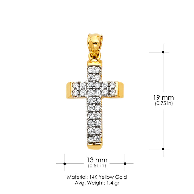 14K Gold CZ Cross Charm Pendant with 1.5mm Flat Open Wheat Chain Necklace