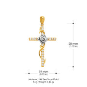 14K Gold CZ Cross with Rose Charm Pendant with 2.3mm Figaro 3+1 Chain Necklace