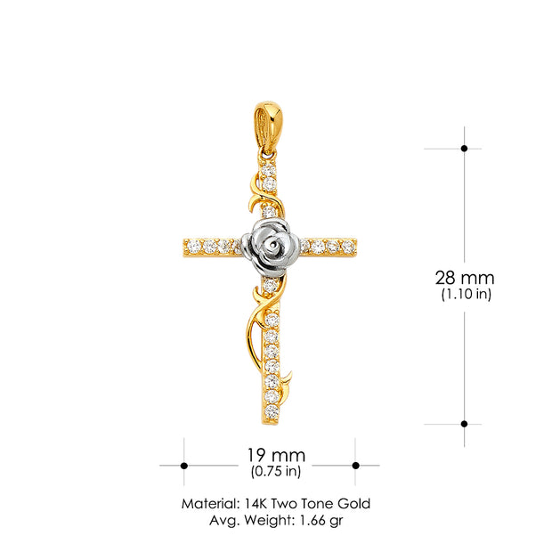 14K Gold CZ Cross with Rose Charm Pendant with 2.3mm Figaro 3+1 Chain Necklace