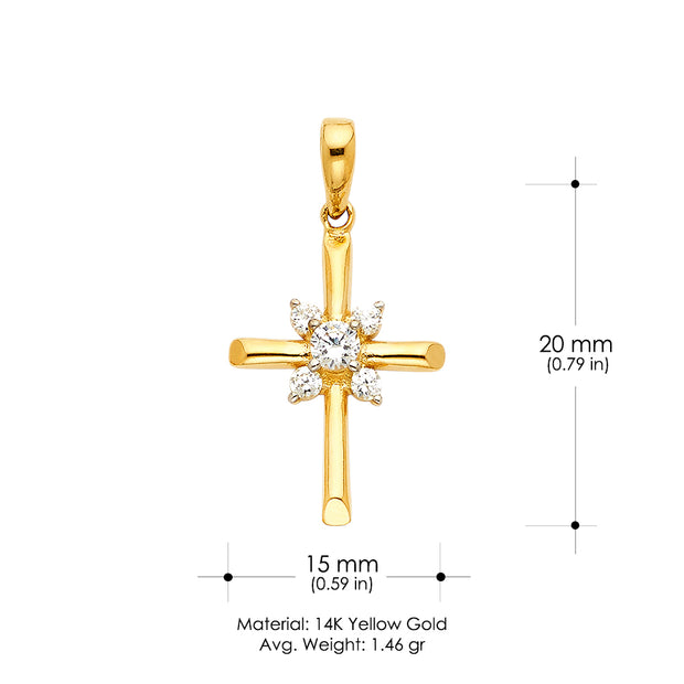 14K Gold CZ Cross Charm Pendant with 1.5mm Flat Open Wheat Chain Necklace