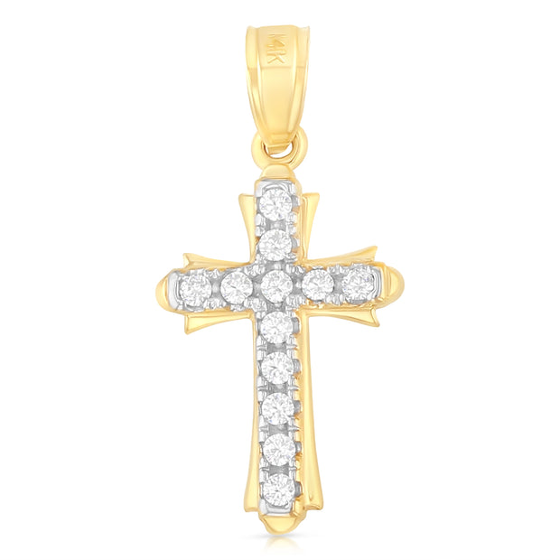 14K Gold CZ Cross Charm Pendant with 1.5mm Flat Open Wheat Chain Necklace