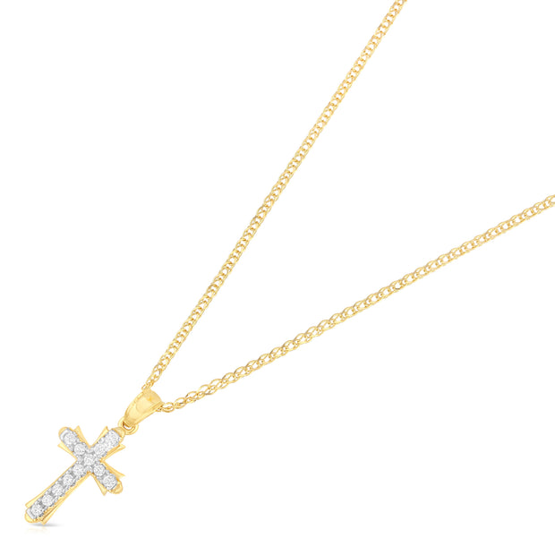 14K Gold CZ Cross Charm Pendant with 1.5mm Flat Open Wheat Chain Necklace