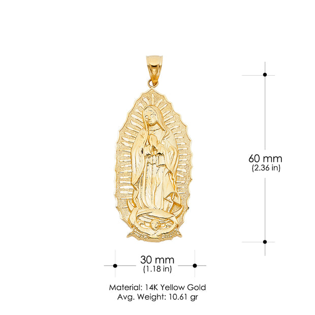 14K Gold Guadalupe Charm Pendant with 1.4mm Round Wheat Chain Necklace