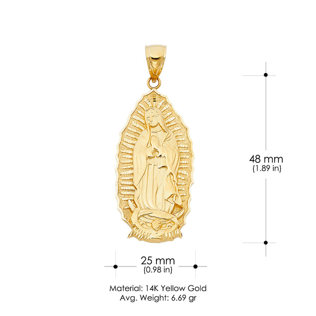 14K Gold Guadalupe Charm Pendant with 1.4mm Round Wheat Chain Necklace