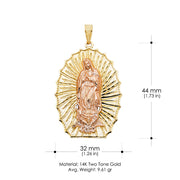 14K Gold Guadalupe Charm Pendant with 2mm Flat Open Wheat Chain Necklace