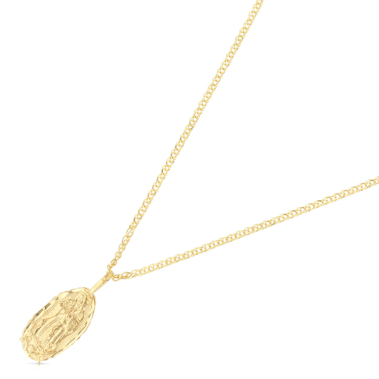 14K Gold Guadalupe Charm Pendant with 1.5mm Flat Open Wheat Chain Necklace