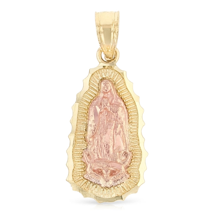 14K Gold Guadalupe Charm Pendant with 0.9mm Wheat Chain Necklace