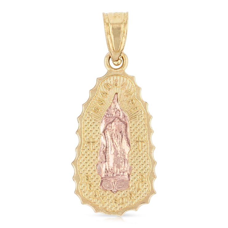 14K Gold Guadalupe Charm Pendant with 2.3mm Figaro 3+1 Chain Necklace