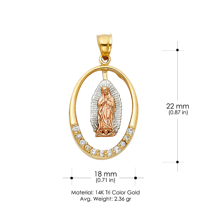 14K Gold CZ Guadalupe Charm Pendant with 3.4mm Hollow Cuban Chain Necklace