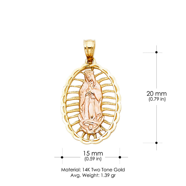 14K Gold Guadalupe Charm Pendant with 1.7mm Flat Open Wheat Chain Necklace